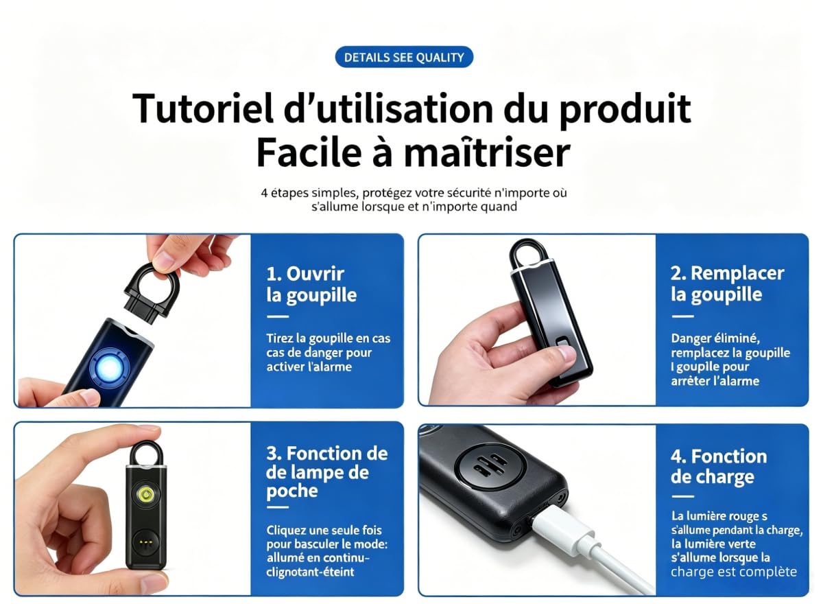 Version améliorée vigipulse Alarme de Poche 2026, avec lumière LED Alarme pour autodéfense, Porte clé Alarm pour Femmes Hommes Enfants et Personnes Gées (Rose)