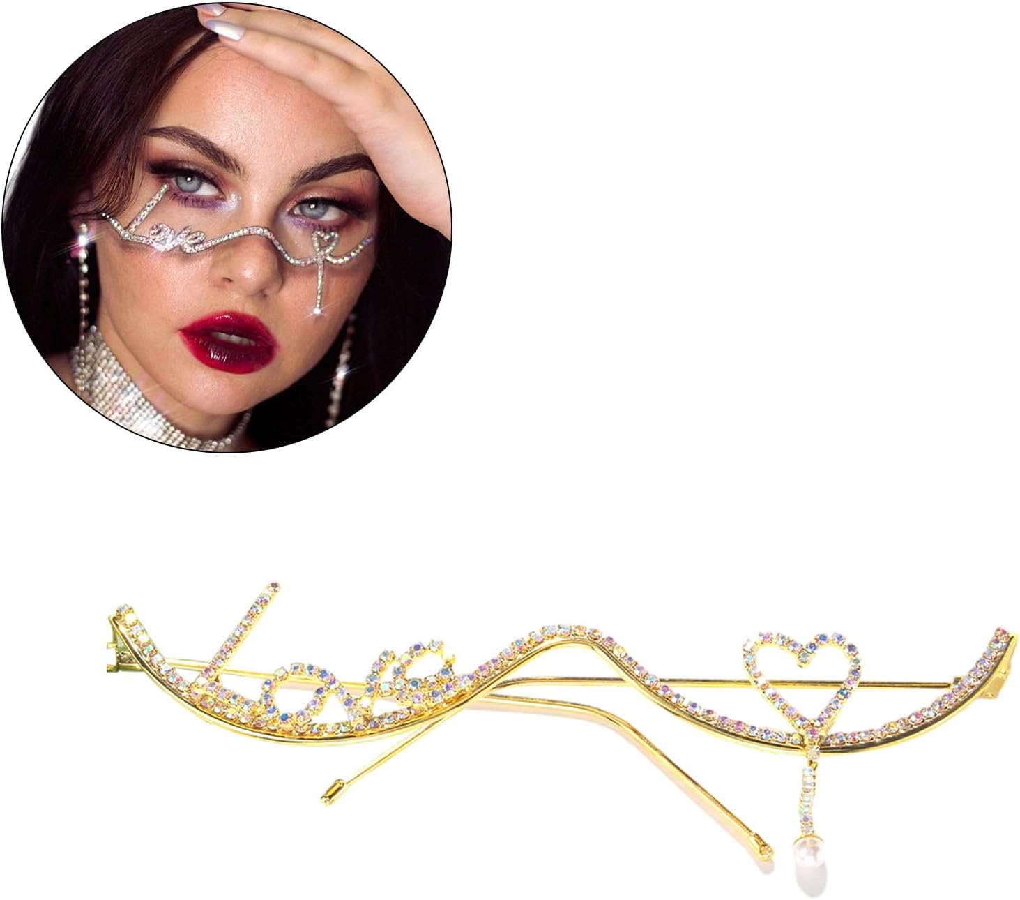 REDDY Elegant Rhinestone Sunglasses - Glittering LetterLove Face Jewelry For Parties & Street - Snap Half Frame, Gold - Image 2