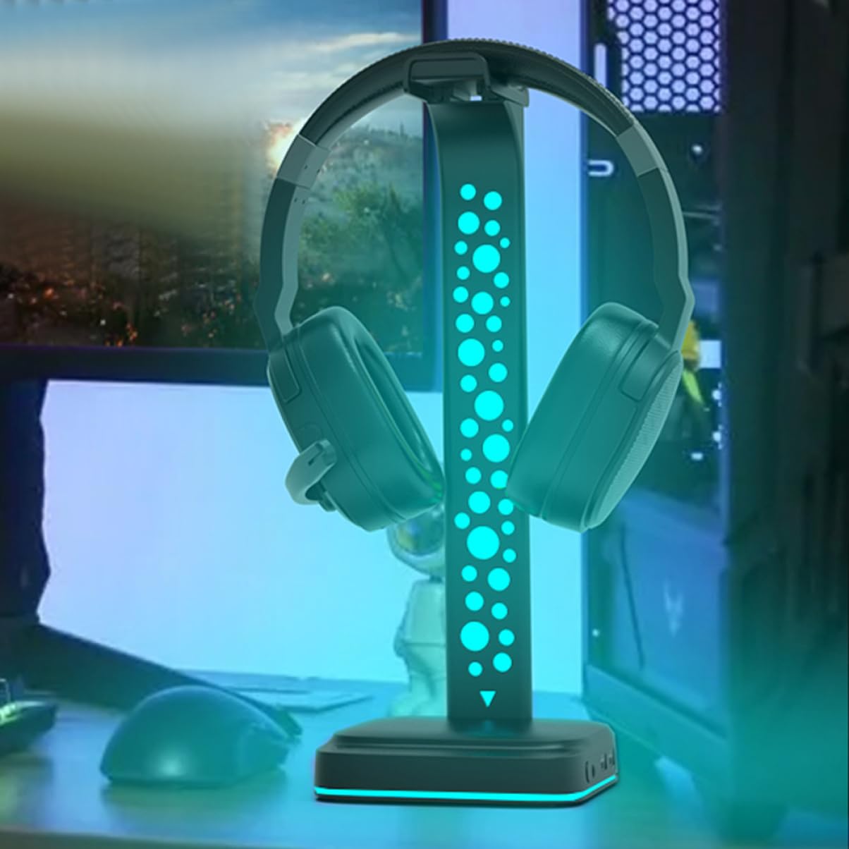 Homoyoyo Supporto per Cuffie Illuminazione Rgb Hub USB e Porta Aux Antiscivolo per Tavolo per Gaming e Ufficio
