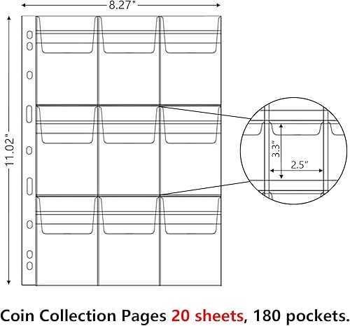 Vista 26 de Proveedores de colección de monedas de 240 bolsillos, 20 hojas de 12 bolsillos para coleccionistas, páginas de bolsillo para monedas, fundas
