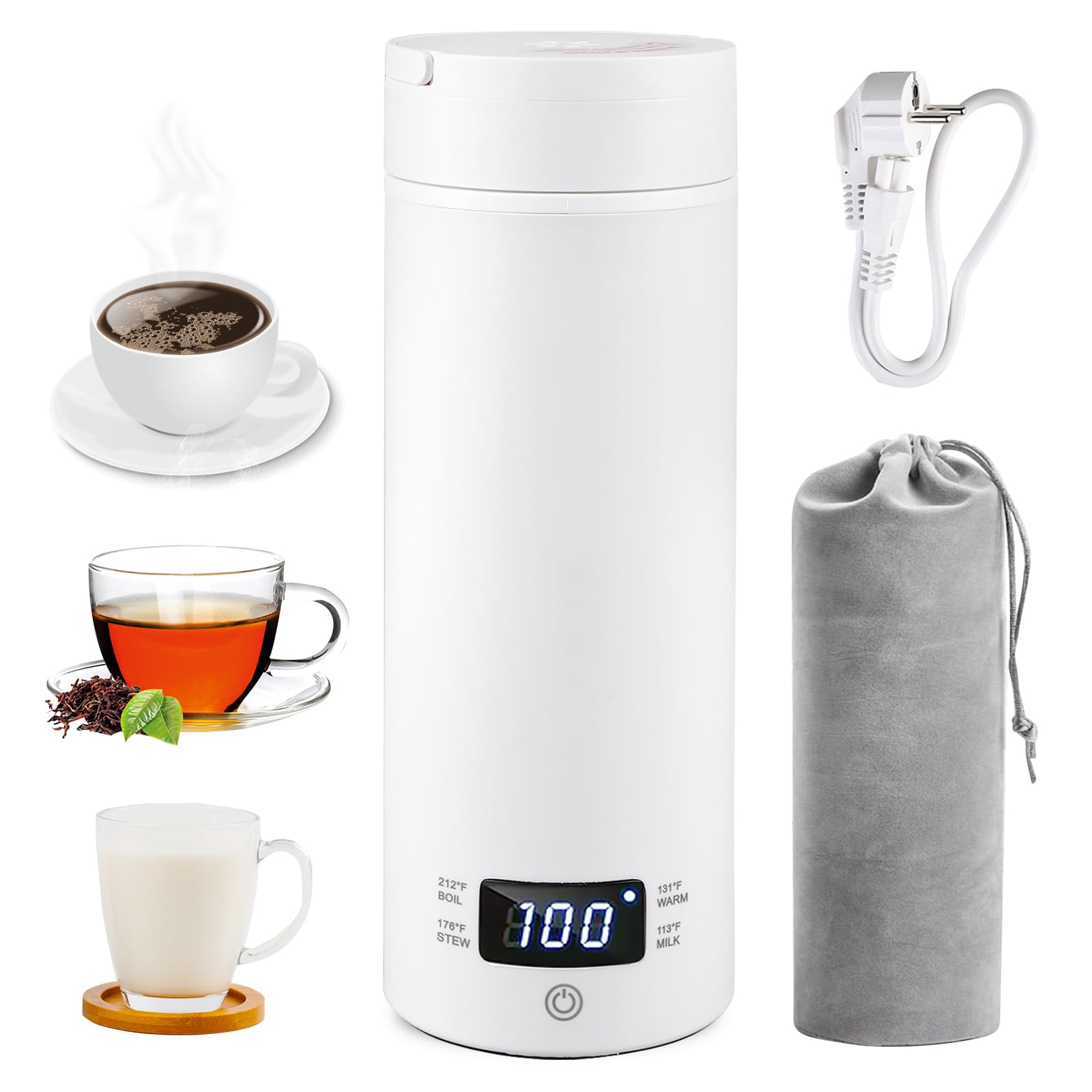 Hervidor de viaje pequeño, hervidor de agua de viaje de 500 ml, acero inoxidable 316, apagado automático, calentamiento rápido para té y café, compacto para viajes