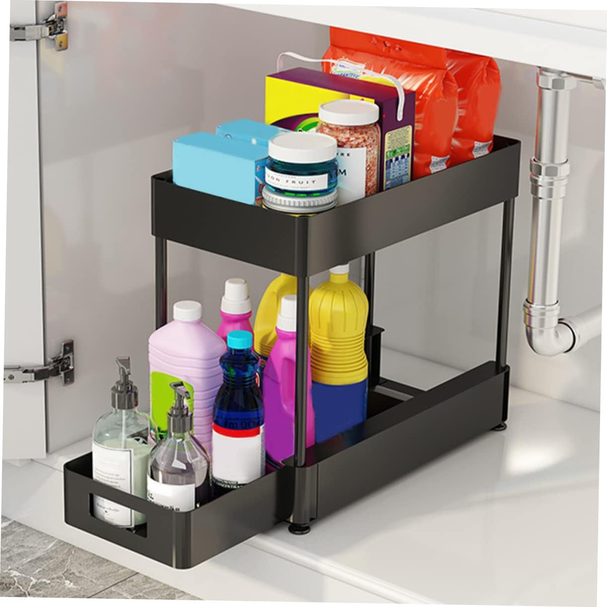 Sink Organizer Pull-Out Shelves Double Layer Storage Rack for Kitchen and Bathroom Plastic Space-Saving Design for Cabinets Easy Access for Home Organization