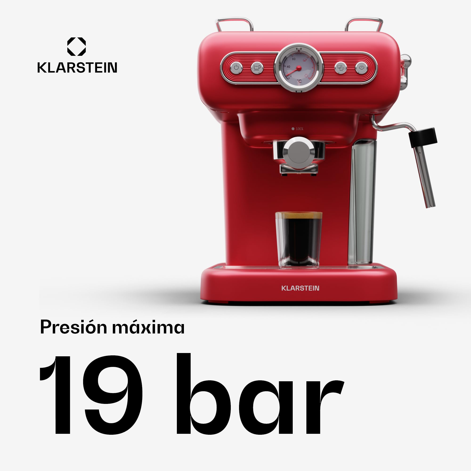 Klarstein Cafetera Espresso con Espumador de Leche, Mini Cafetera Espresso Retro de 1,2 litros con Portafiltro, Cafetera Pequeña de 950 W, Cafetera para Cappuccino, Latte & Macchiato