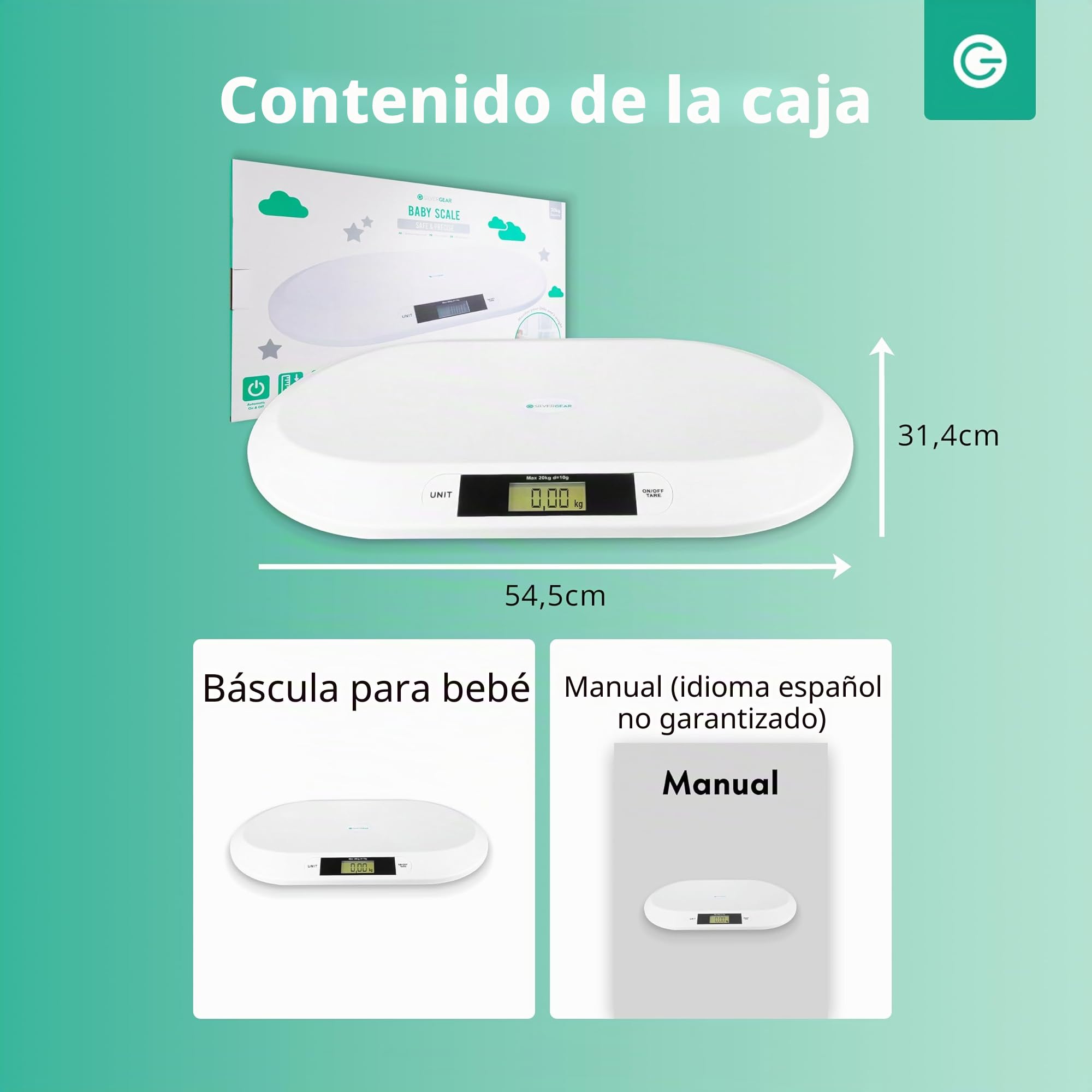 Silvergear Báscula Digital para Bebés 20 kg LED Control de Peso 54,5 x 31,5 cm Blanco