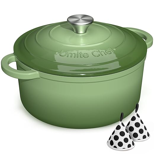 Umite Chef Enameled Cast Iron Dutch Oven-7QT Pot with Lid Cookbook & Cotton, Heavy-Duty Cookware for for Bread Baking, Braising, Stews, Marinate, Cook(Sage Green)
