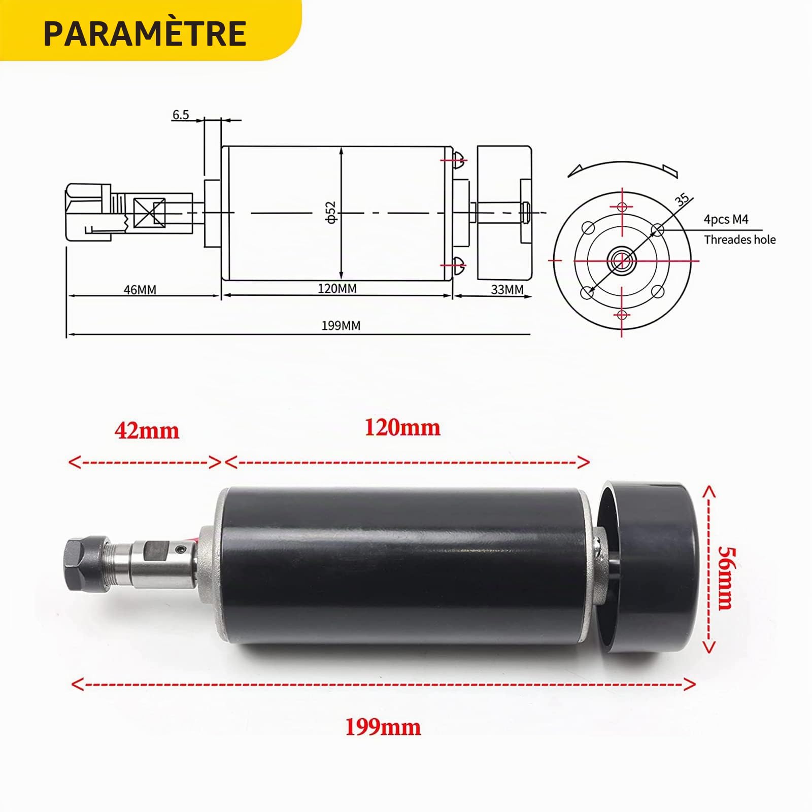 RATTMMOTOR Kit de refroidissement, à air, 500 W, moteur à broche ER11, 0,5 kW, 12000 tr/min, régulateur de vitesse PWM de 220 V, support de montage de 52 mm, avec vis pour la gravure