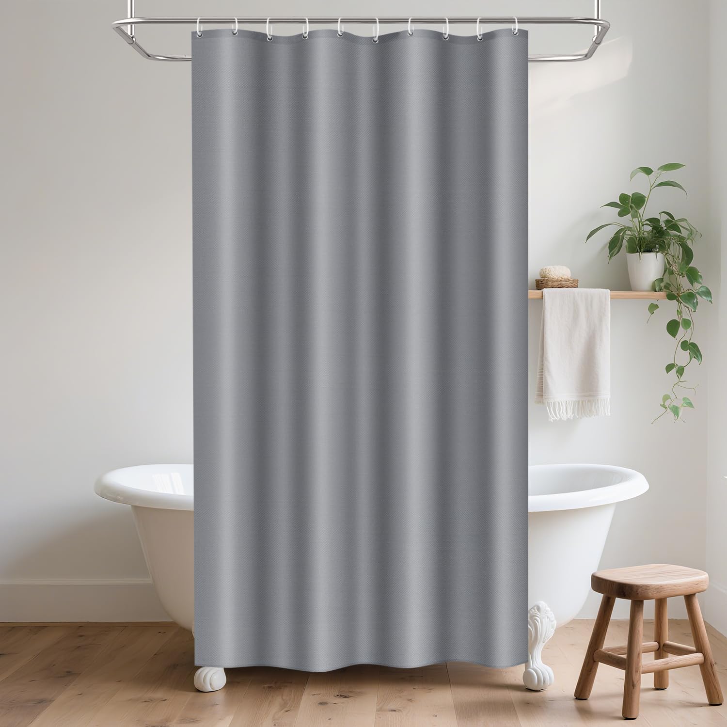 LUKDUNG 150 x 200 cm Polyester Textile Shower Curtain Anti-Mould for Bathroom, Curtain for Bathtub Shower Made of Fabric Waterproof Washable Shower Curtain with 10 Hooks Light Grey