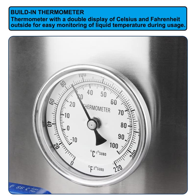 Hervidor de acero inoxidable con tapa de termómetro y válvula de bola para elaboración casera, ideal como olla de cerveza o puré