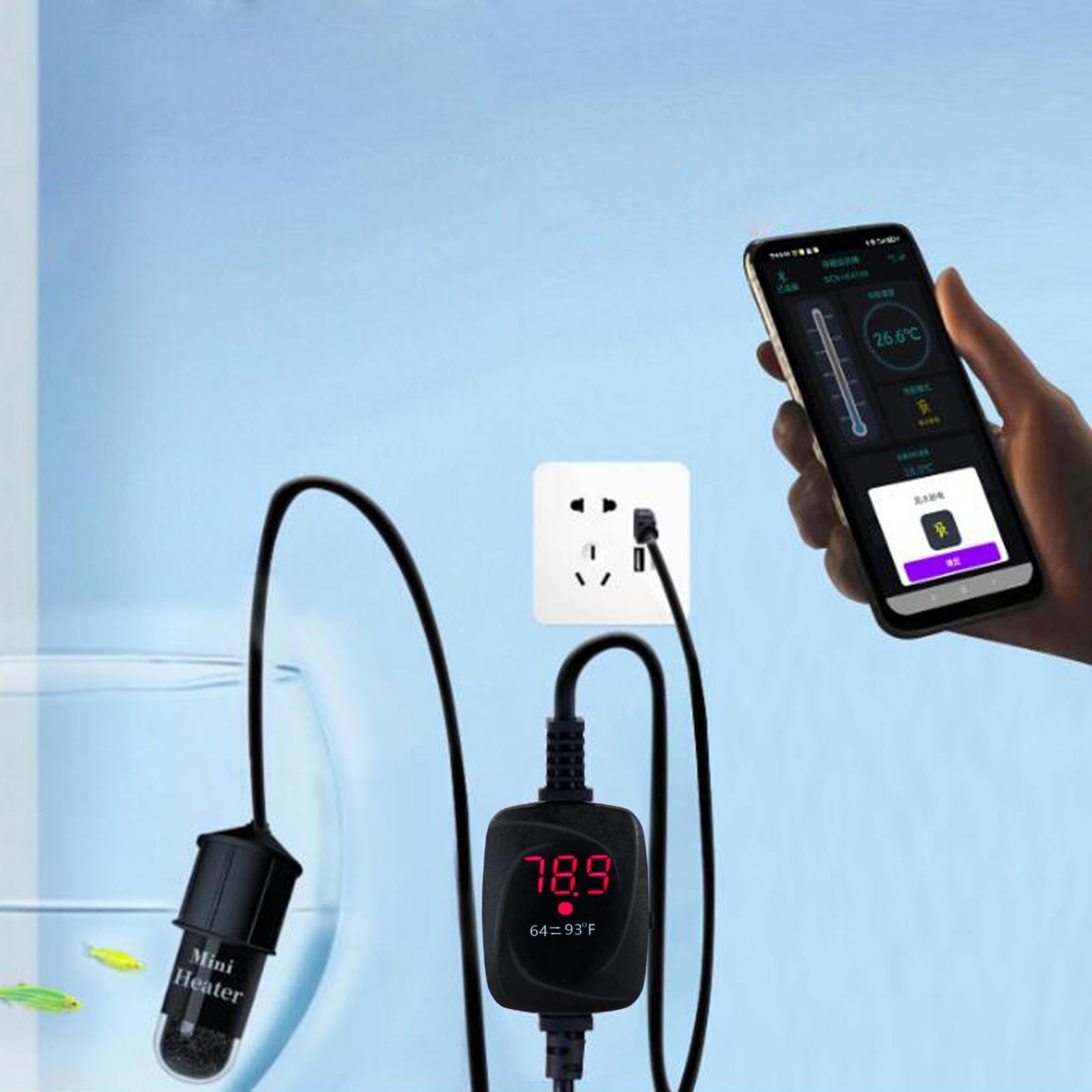 Calentador Digital para Acuario/Estanque con Termostato, Control Mediante Pantalla Táctil, Protección Y Cable Sumergible. Apto para Uso con Peces, farenheit Americano, Sin Corte de energía