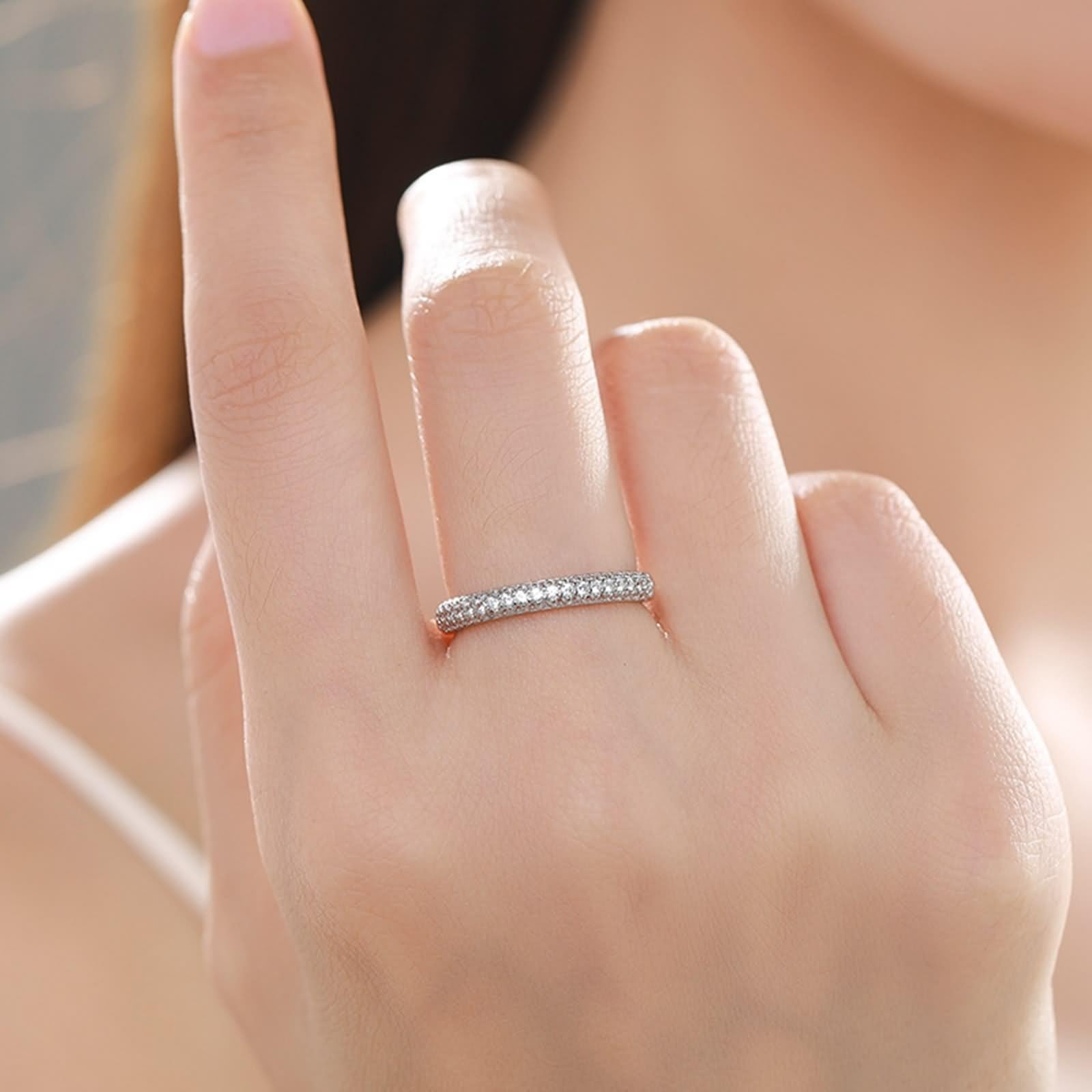 Memoire Anillo de bisutería apilable con diseño de doble fila con moissanita, oro blanco y platino, talla 49 (15,6)
