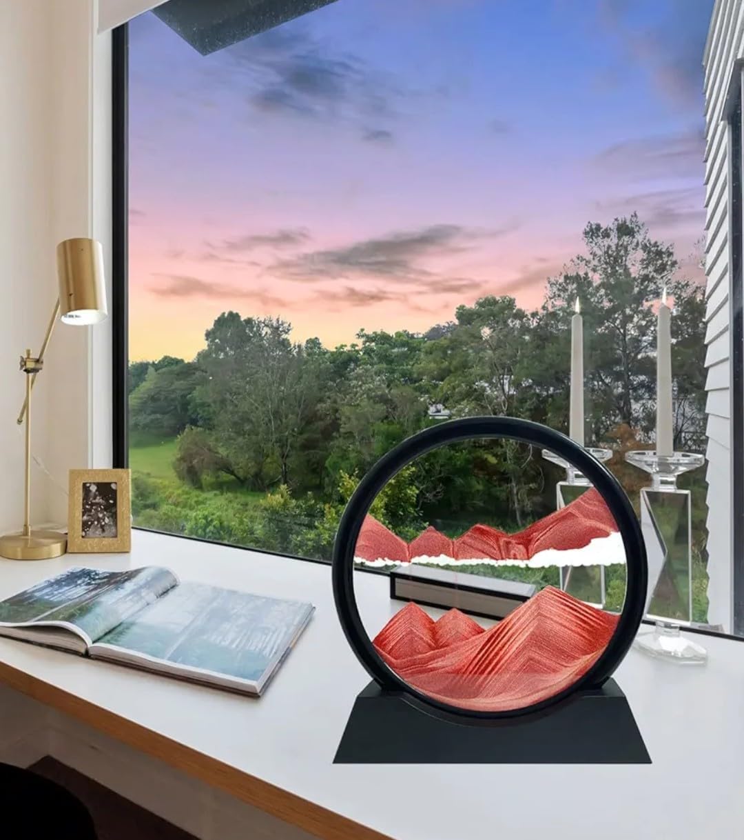 Evilia Ecom 1 Pcs 7" inch Moving Sand Art Picture Decor, 3D Deep Sea Sandscape Liquid Motion, Round Glass Frame Display Flowing Sand Relaxing Gift for Kids Adults Home Office Work Desktop (Red) 2