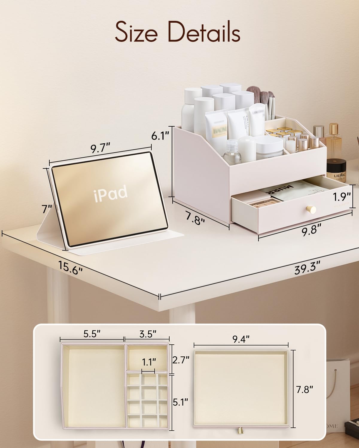 Vlando Organizer per trucchi con cassetti, organizer per cosmetici in pelle PU, organizer per profumi, grande espositore per rossetti, pennelli, regalo per donne, albicocca bianca