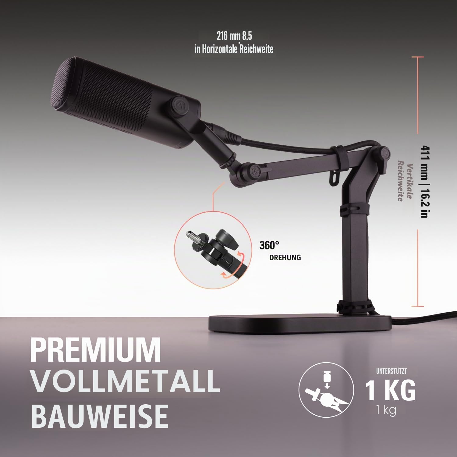 Elgato Wave Desk Stand, verstellbare Mikrofonhalterung | Drei Drehpunkte, trägt bis 1 kg, montiert Kamera, Licht oder Handy, Kabelbinder, Vollmetall