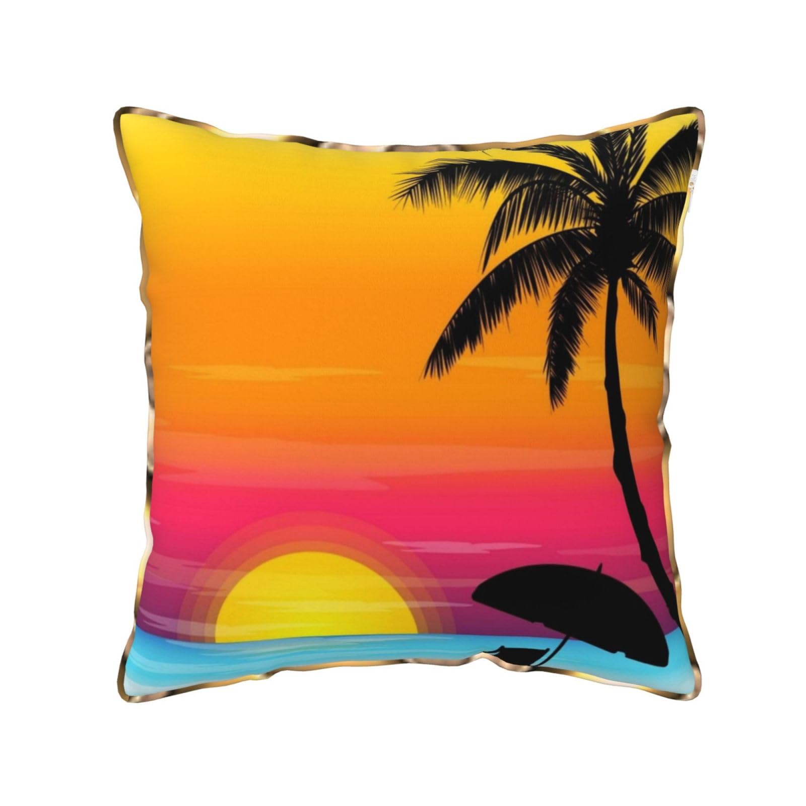 AUBKFELD sunset palm tree Printed Velvet Cushion Cover 40x40 CM with Gold Edging Strip, Square Pillowcase Soft Throw Pillow Covers Case Decorative for Living Room Sofa Couch Bed Bench