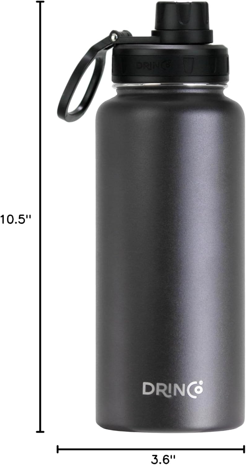 DRINCO Stainless Steel Water Bottle Spout Lid Vacuum Insulated Double Wall Water Bottle Wide Mouth (40oz 32oz 22oz 18oz 14oz) Leak Proof Keep Cold Sport Camping Hiking (32 oz, 32oz Black) - Image 7