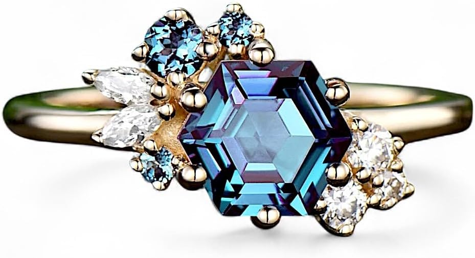 "Vintage Hexagon Cut Alexandrite Ring: Color-Changing Engagement & Moissanite Band Set in Gold/Silver, Art Deco Cluster Bridal Jewelry Gift
