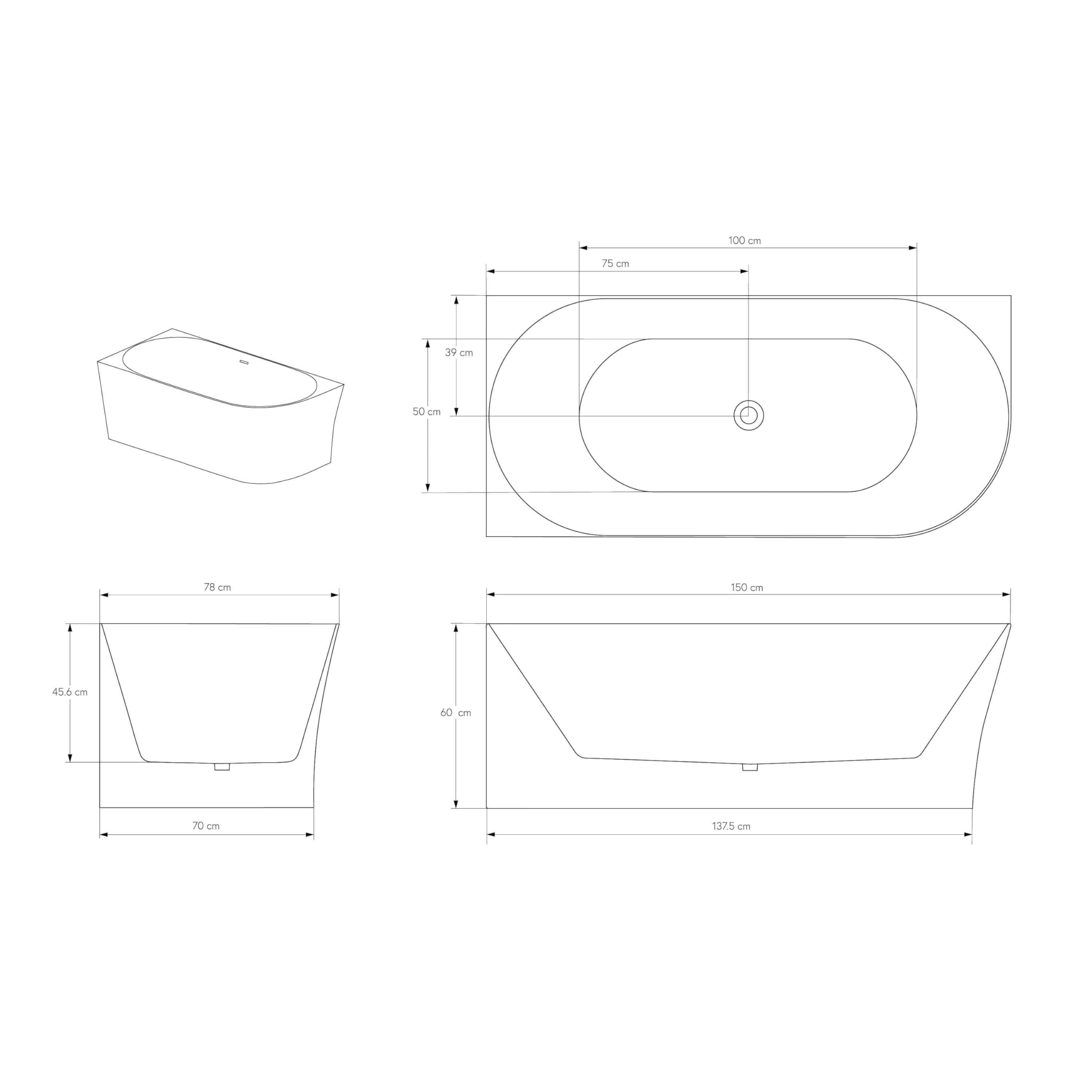 Vasca da bagno freestanding NOVA SLIM LINE - bianco lucido - installazione a sinistra - Senza rubinetteria, Senza sistema di drennaggio, 150 x 78 cm