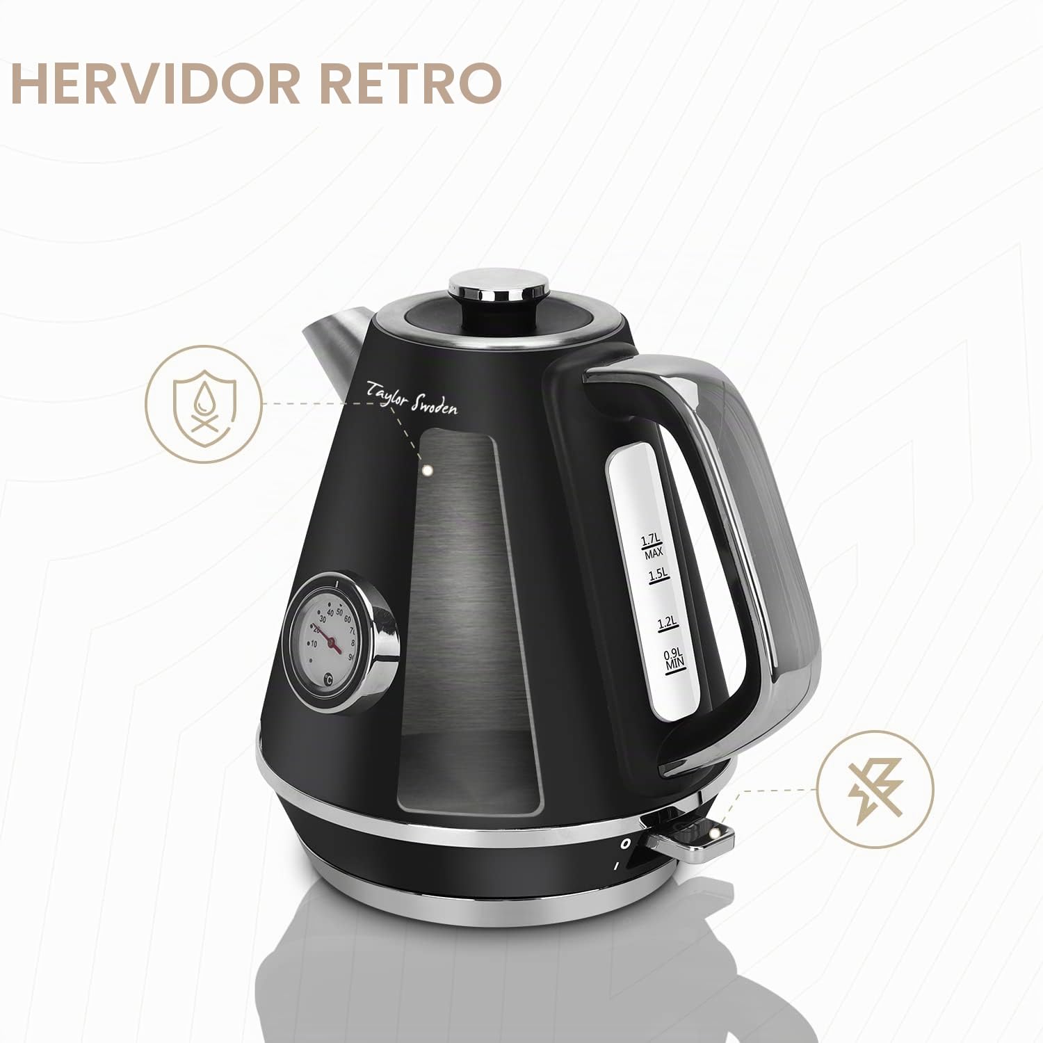 Taylor Swoden Aladin - Hervidor de agua eléctrico retro, 2200W, inalámbrico, diseño retro, 1,7 litros, acero inoxidable, apagado automático, ventana para visualizar la temperatura. | Con indicador de temperatura analógico, indicador de nivel de agua ilumi
