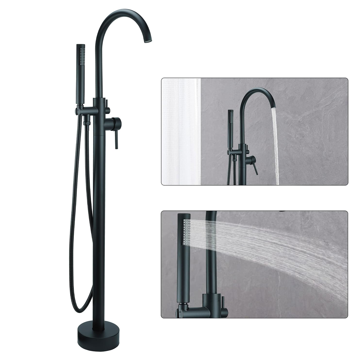 Grifo de bañera independiente, grifo de bañera independiente de montaje en suelo, relleno de bañera independiente de latón, grifo mezclador de ducha de alto flujo, negro mate