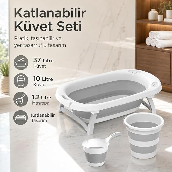 Katlanabilir Bebek Küvet Seti Kova Maşrapalı Pratik Banyo Seti