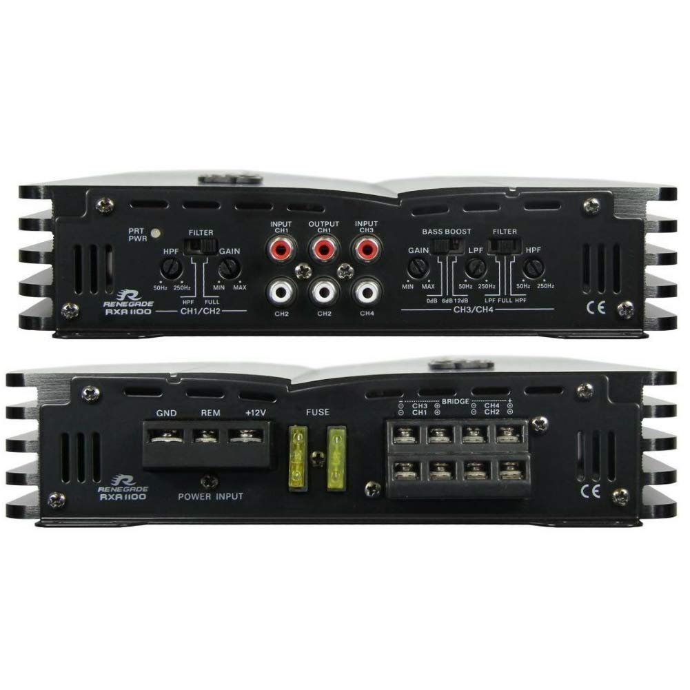 1 amplificador RENEGADE RXA1100 RXA 1100 4 canales clase a/b 4 x 135 vatios rms 4 x 275 vatios max bass boost spl coche negro, 1 pieza