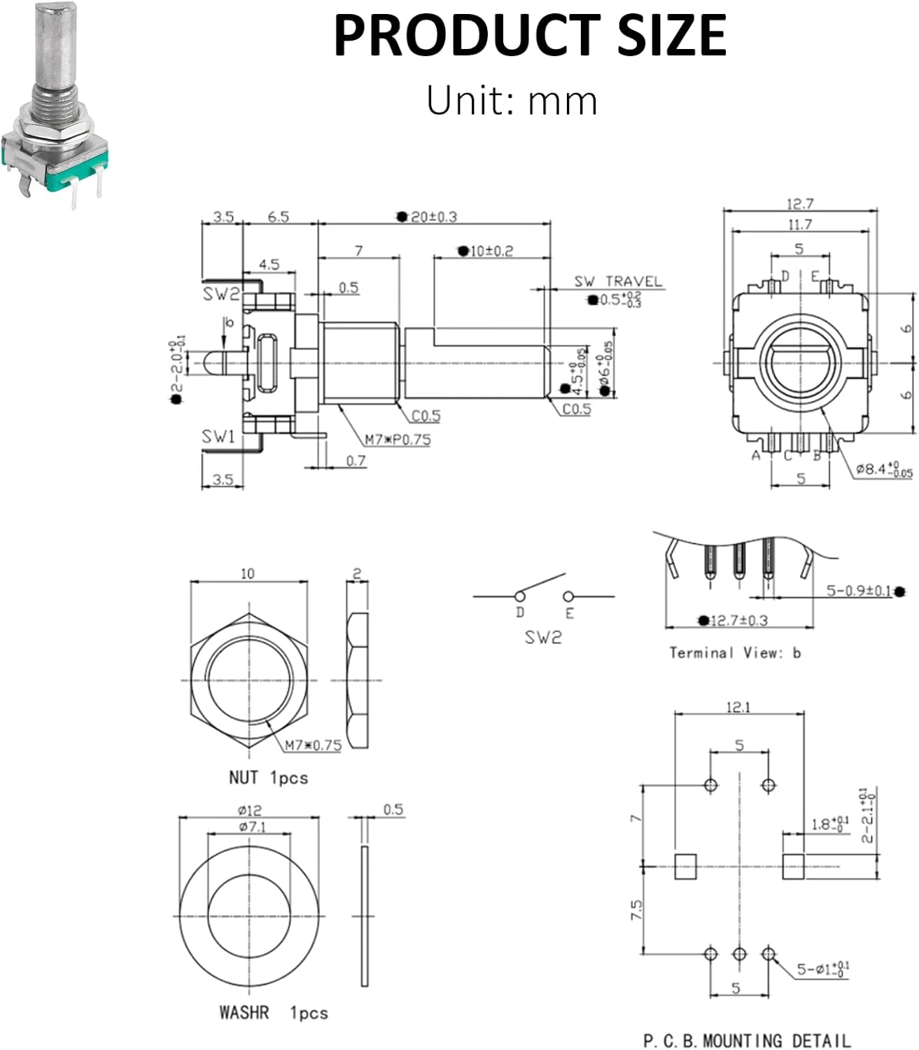 EC11 Rotary Encoder Dimensional Drawing