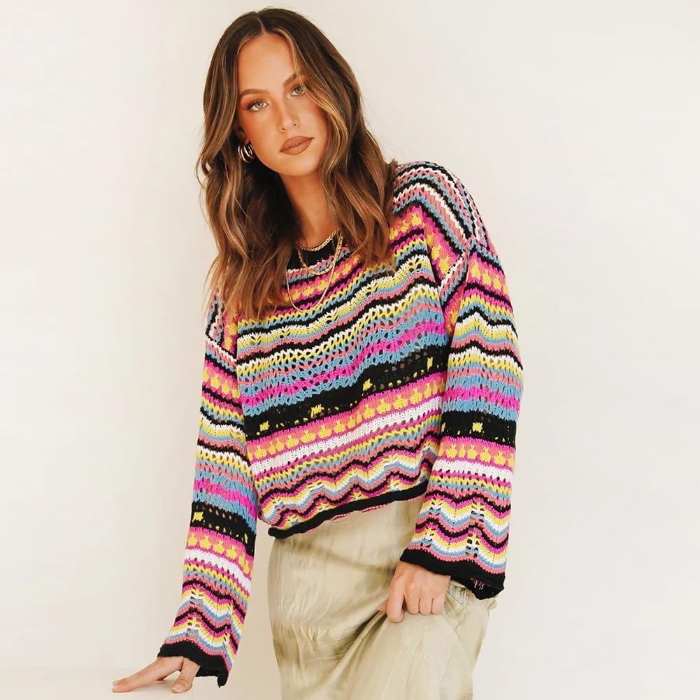 Womens Colorful Striped Crochet Sweater Y2k Fall Pullover Long Flared Sleeve Crew Neck, Drop Shoulders Top Hollow Out