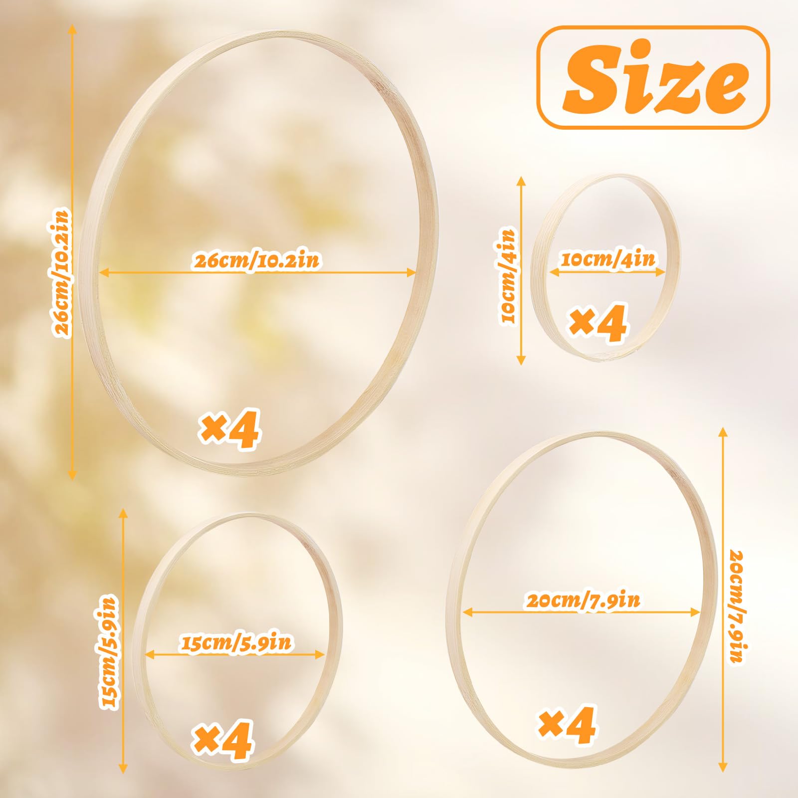 16 Anelli In Legno Di Bamb&ugrave; Per Fai Da Te - Cerchi Per Acchiappasogni, Ghirlande, Macram&egrave; (4 Misure: 10/15/20/26cm)