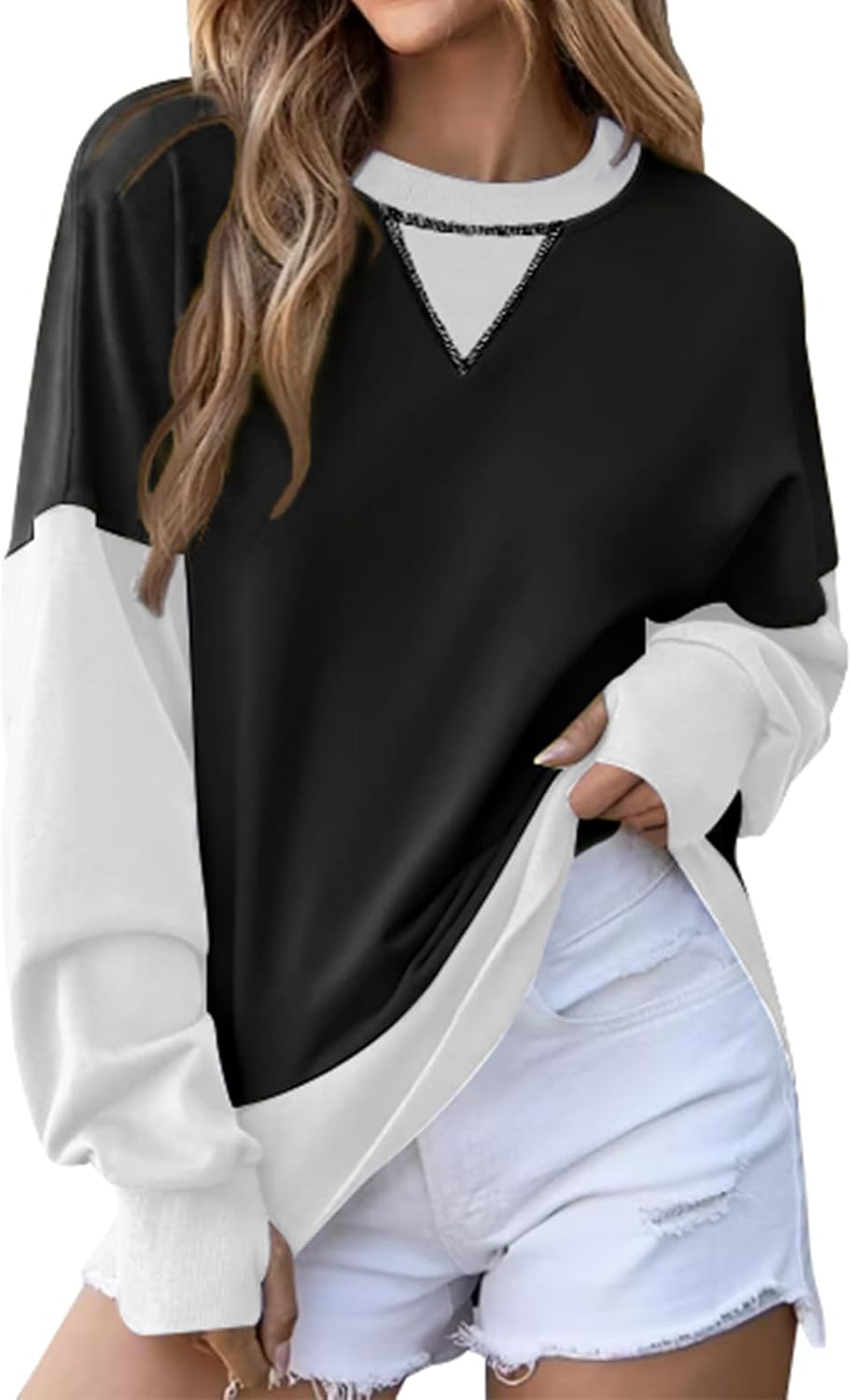 Women's Casual Color Block Sleeve Drop Shoulder Thumbhole Sweatshirt Soft Oversized Pullover Sweatshirts