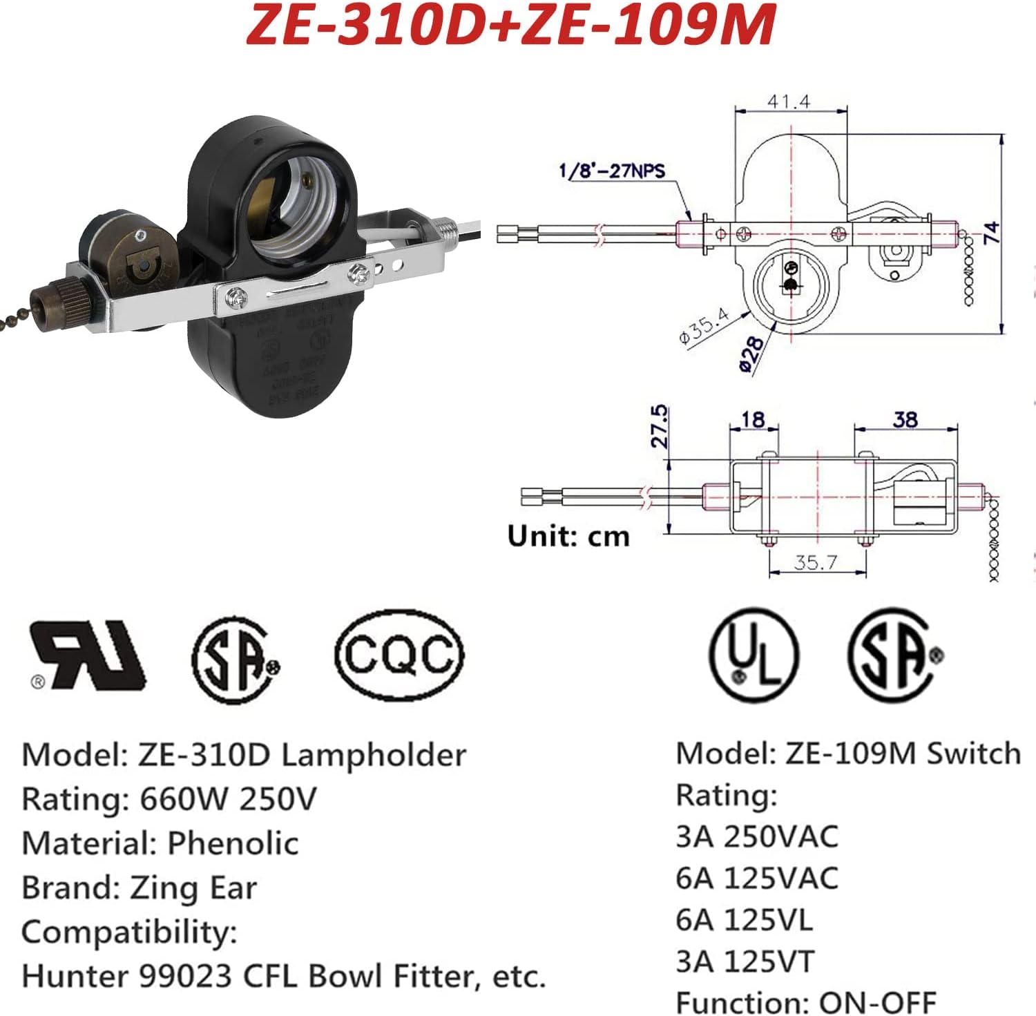 Ceiling Fan Switch ZE-310D Light Socket Pull Chain Switch, Compatible with Hunter Fan, Ceiling Fan Lamp Light, Lamp Holder E95014-Bronze Chain