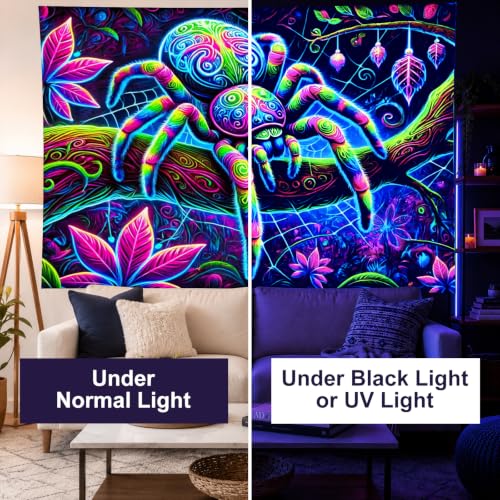 Image of BlissYard Neon Spider Forest Fantasy UV Black Light Tapestry 78x59 Inches Art Color Neon Light Background Bedroom Living Room Wall Party Decoration Psychedelic Web Nature Jungle Creepy Cool Decor