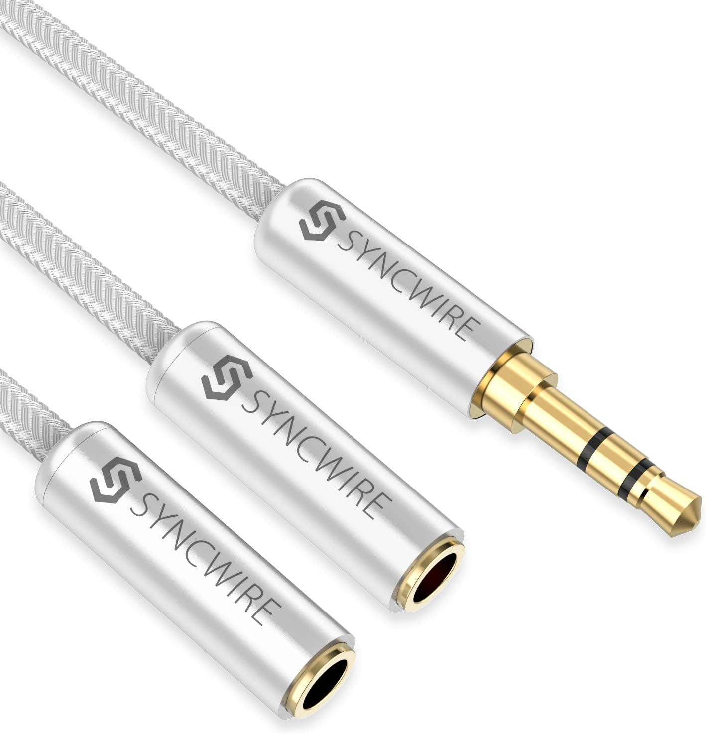SYNCWIRE Headphone Splitter, Nylon-Braided 3.5mm Extension Cable Audio Stereo Y Splitter (Hi-Fi Sound), 3.5mm Male to 2 Ports 3.5mm Female Headset Splitter for Apple, Samsung & More (No Mic) - Silver