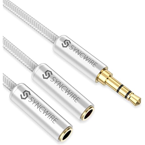 SYNCWIRE Headphone Splitter, Nylon-Braided 3.5mm Extension Cable Audio Stereo Y Splitter (Hi-Fi Sound), 3.5mm Male to 2 Ports 3.5mm Female Headset Splitter for Apple, Samsung & More (No Mic) - Silver
