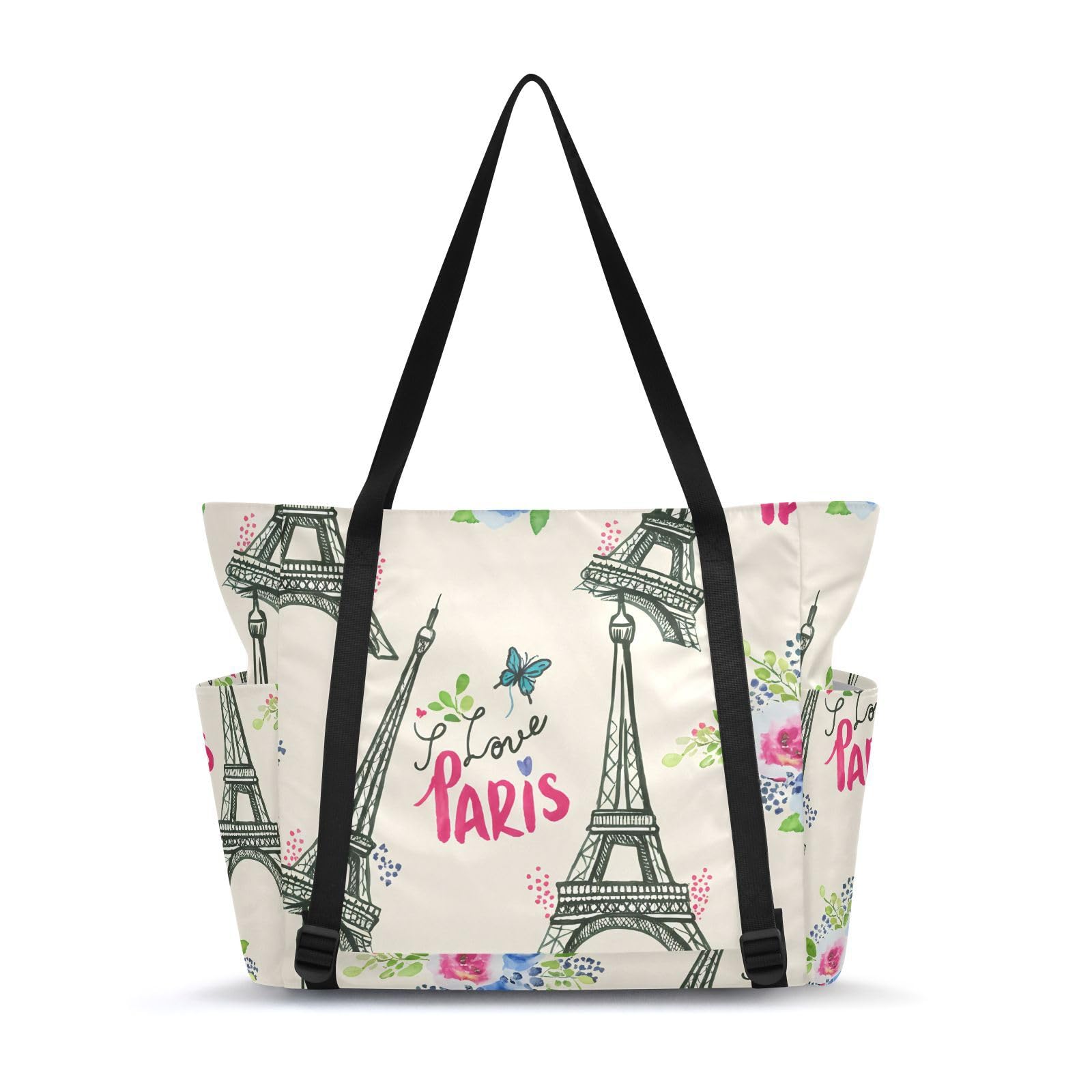 Lxqimora Eiffel Tower Flowers Romantic Yoga Mat Bag for Women Water-Resistant Gym Bag with Yoga Mat Holder Tote Bag for Yoga Mat Blocks