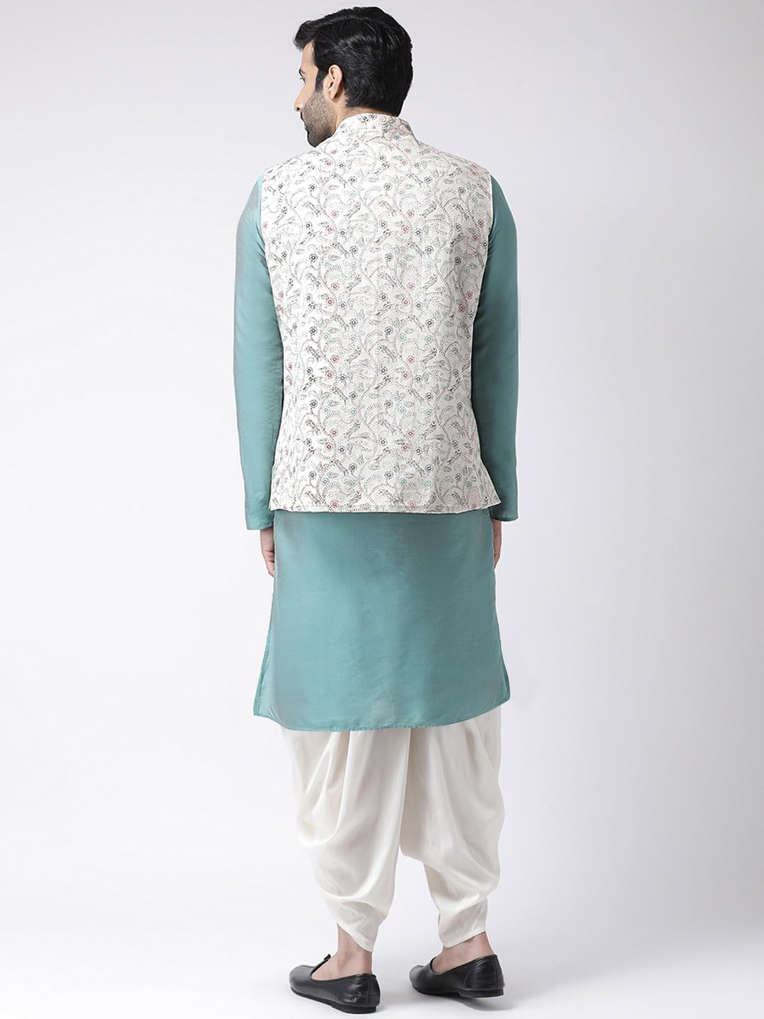 Men Multi Coloured Printed Cotton Blend Kurta Jacket Dhoti Set With Kantha Print