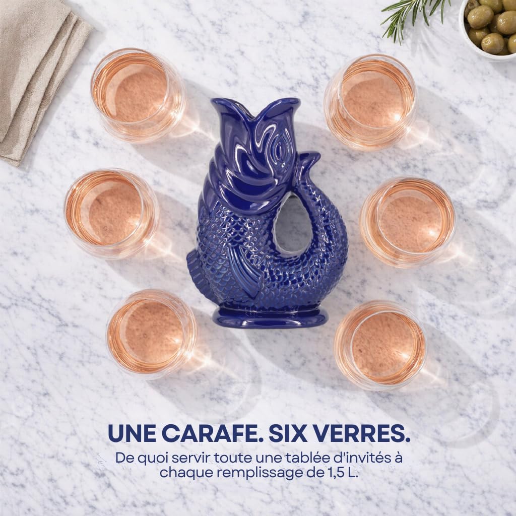 Carafe Glouglou Poisson Bubble Jug, Vase Pichet Vert Océan Foncé, Très Grand Pichet 1,5 Litre, Pièce Décoration Maison en Céramique pour les Cocktails, l'Eau et le Gin