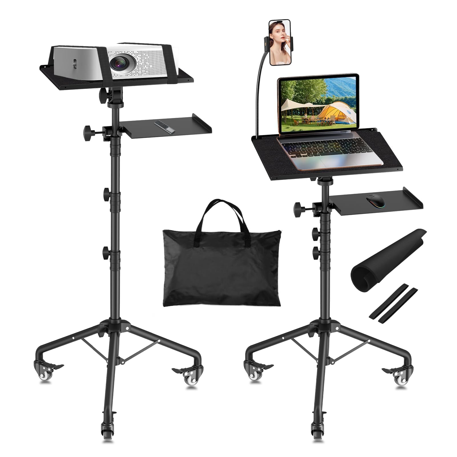 Supporto per Proiettore Treppiede 66-24cm per Laptop su Ruote con 2 Ripiani | Supporto Portatile per Podio, Supporto per Telefono a Collo di Cigno, Ufficio