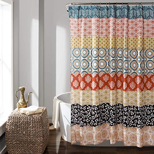 Image of Lush Decor Bohemian Stripe Shower Curtain 72 inch W x 72 inch L Turquoise & Orange - Bathroom Curtain - Striped Shower Curtain - Boho Decor - Fabric Shower Curtains