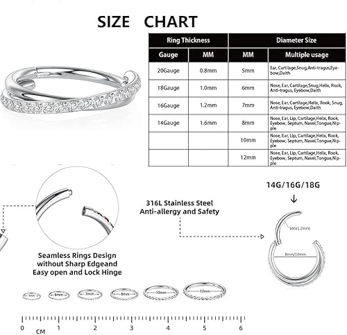 Miniatura 2 de Double Open Stack CZ Nose Ring Hoop 316L Surgical Steel Helix Rook Conch Cartilage Daith Tragus Earrings Hinged Segment Nostril Piercing Septum