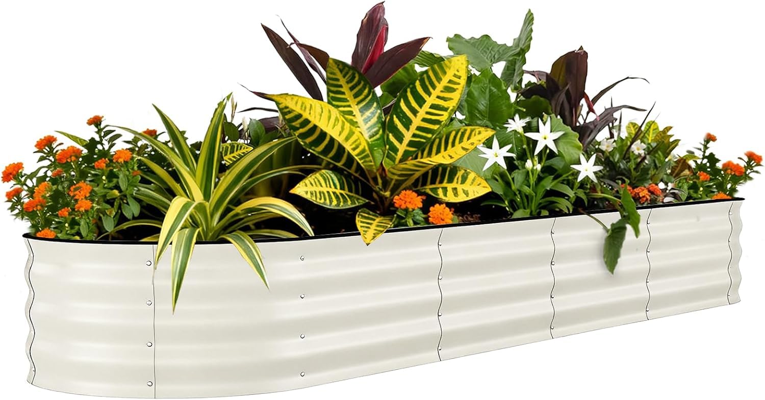 Galvanized Raised Garden Bed, Metal Outdoor Planter Box for Flowers Herbs Vegetables, Rust-Resistant Raised Garden Beds for Gardening,Outdoor Garden Box & Planters,Easy Assembly– Beige,240x60x45cm