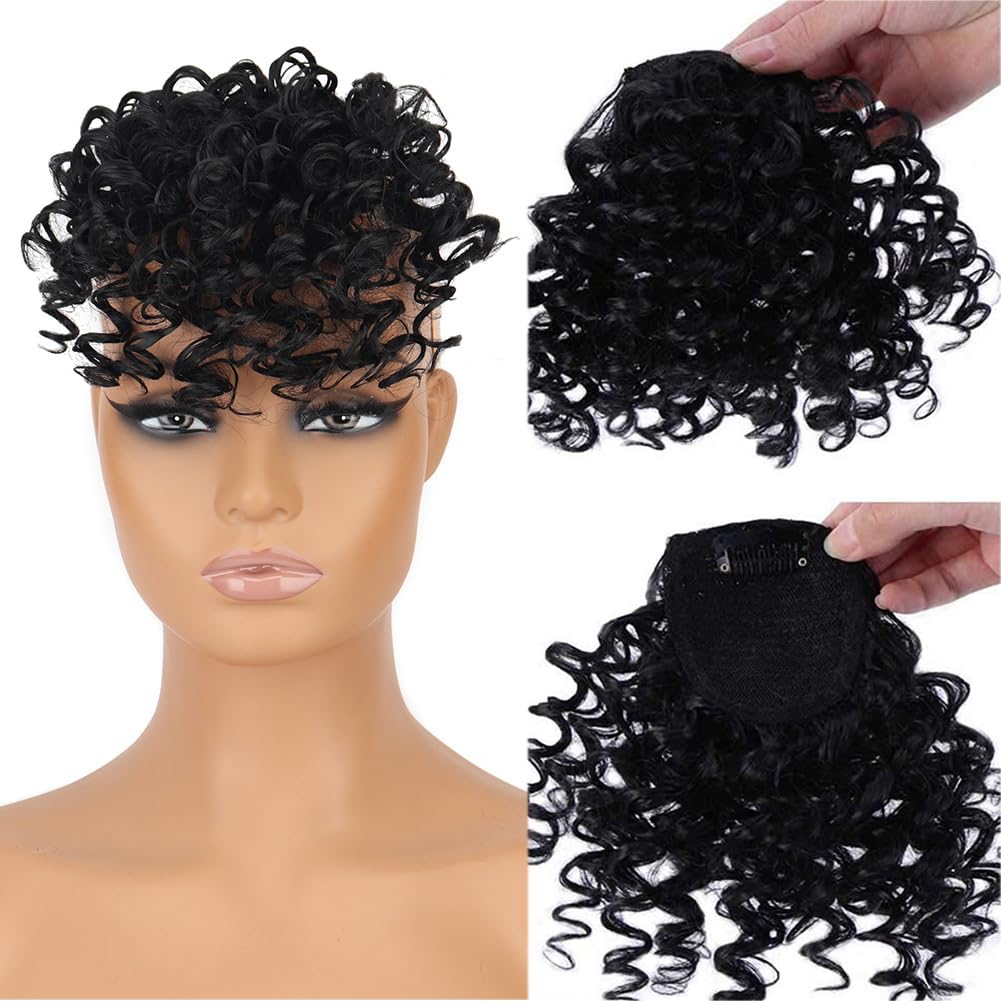 Black Afro Kinly Curly Bangs Clip Natural Fake Fringe Bangs Short Curly Hairpieces Wig with Clip for Women Hair Extensions - Image 3