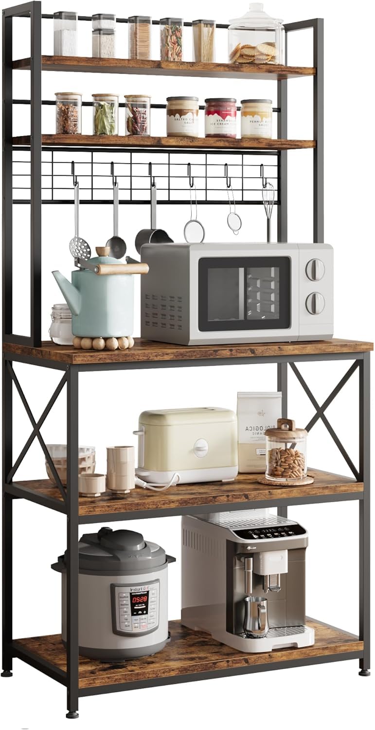 Etagère de Cuisine, Support pour Four à Micro-Ondes avec Rangement, Porte-Café en Bois à 5 Niveaux avec 6 Crochets pour épices, Rangement des Pots, Brun Rustique, 80x40x160cm