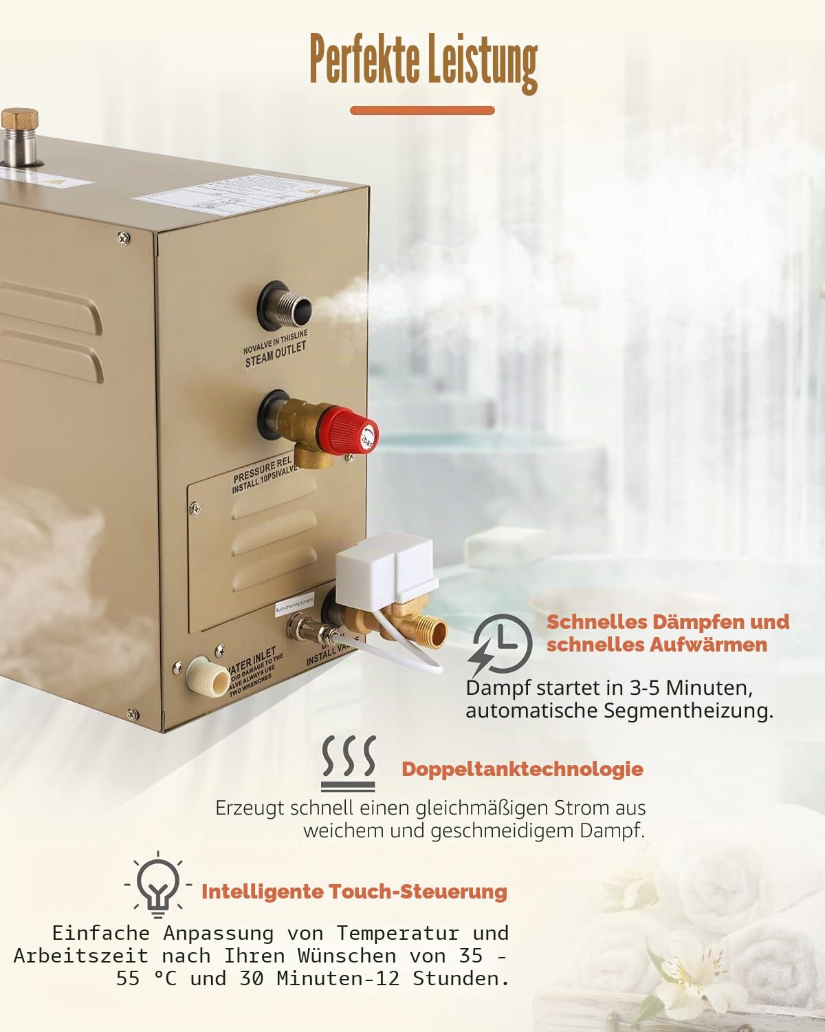 CGOLDENWALL 4.5 KW Sauan Dampfgenerator mit Automatischer Entwässerung 220 V für Zuhause und Gewerbe, Geeignet für Sauna/Dusche/Bade/SPA mit Intelligentem Touch-Controller 25-55°C, 3-4.5m3 Raumheizung