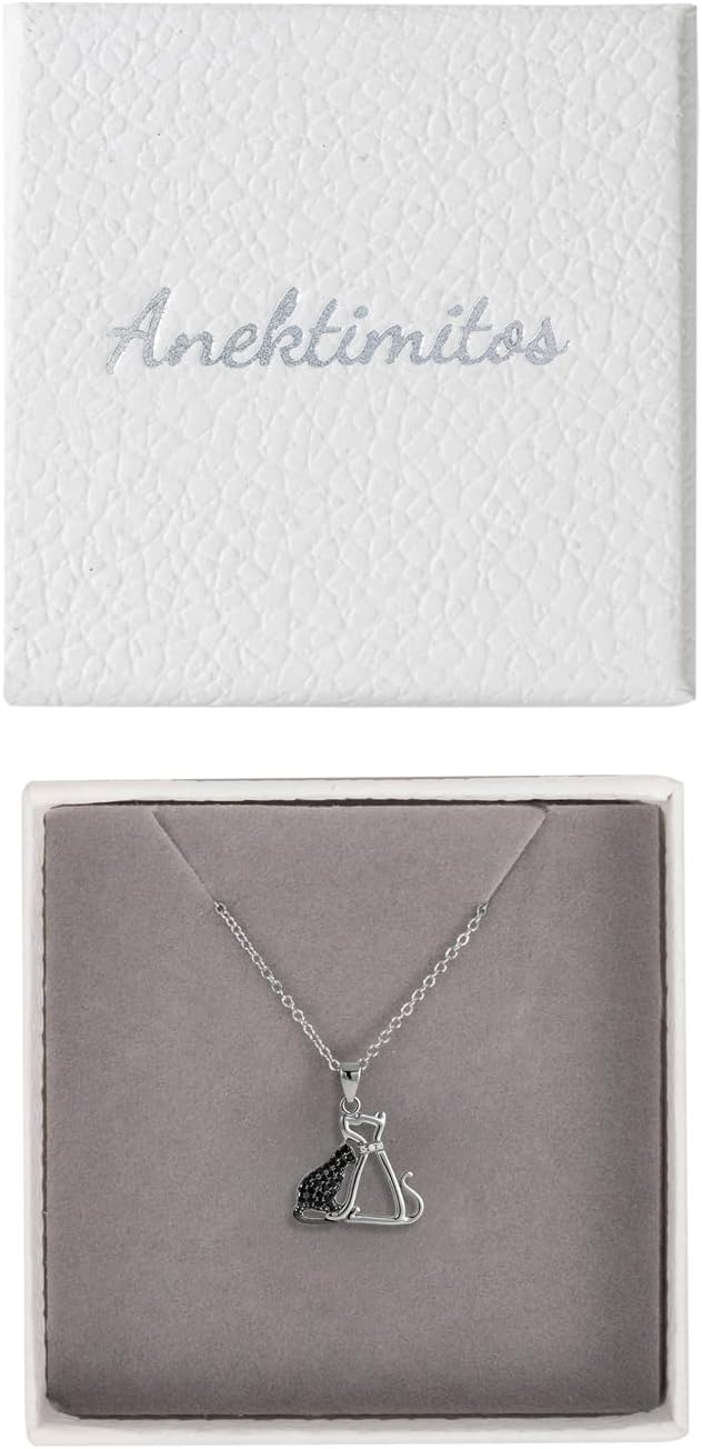 Double Cat Pendant Necklace, Silver, Stainless Steel with Zircon Gemstone, Lobster Clasp, 17.7 Inch Chain