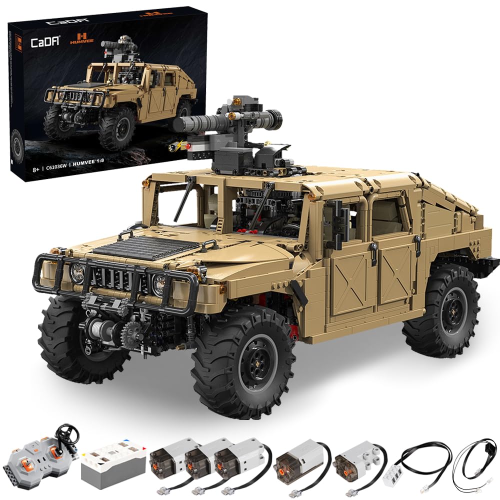 CADA Master C61036W Building Blocks Set with box and all included components: the vehicle, remote control, battery box, and various motors and lights.