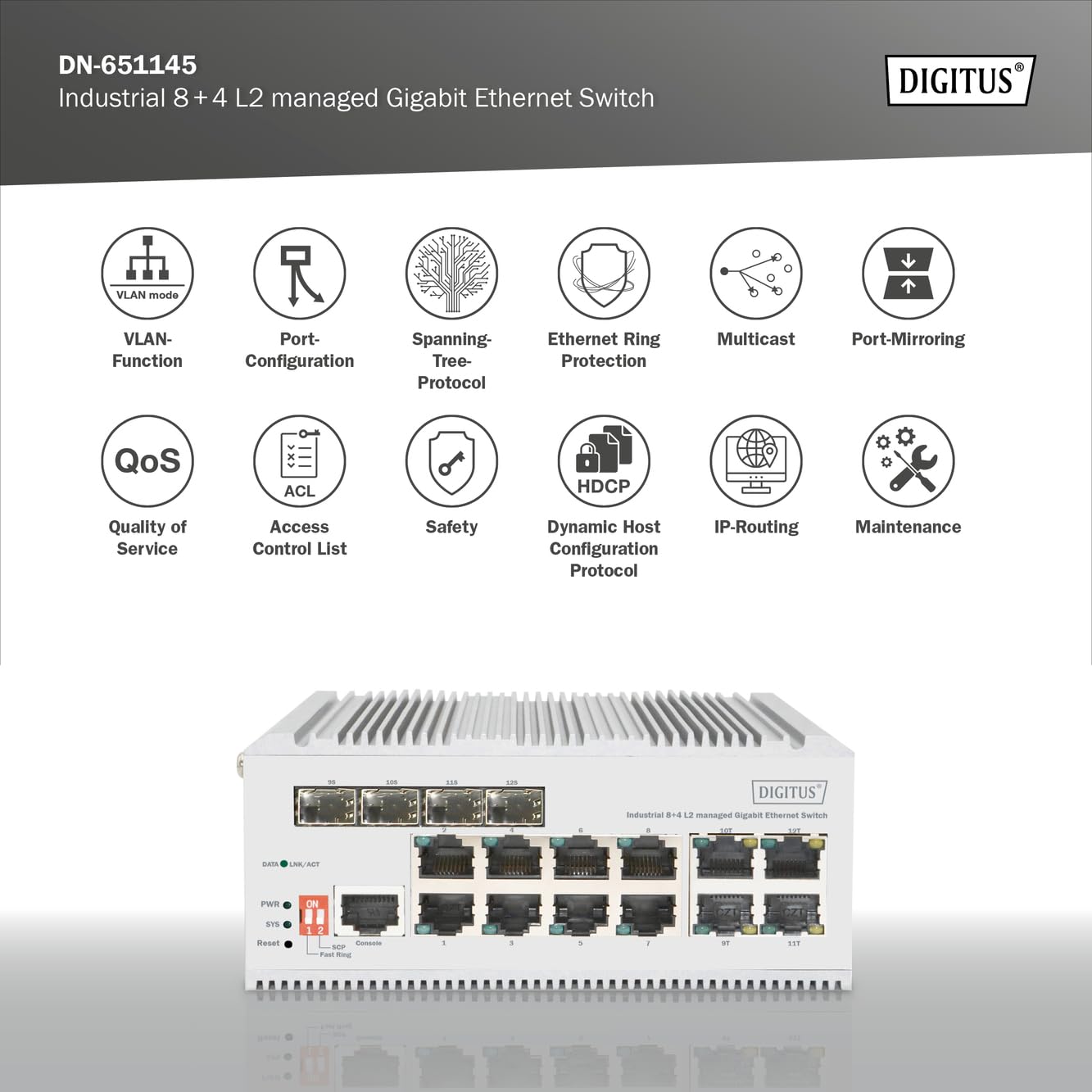 DIGITUS 8 Port Gigabit Ethernet Netzwerk Switch Industrial L2 managed 4 SFP Uplink