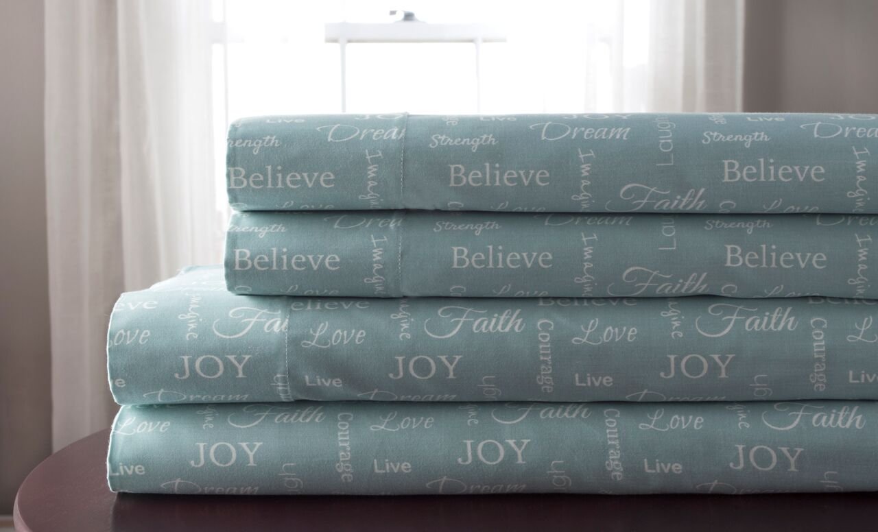 Elite Home 90 GSM Microfiber Inspirational Print Sheet Set, Aqua, California King