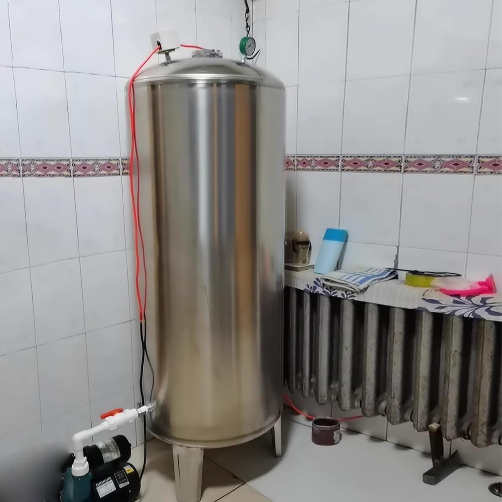 Zbiornik ciśnieniowy na wodę, bardzo duży, 60 l, wykonany ze stali nierdzewnej 304, zbiornik ciśnieniowy na wodę, pionowy zbiornik z pęcherzem powietrznym do pompy studziennej z zestawem mon