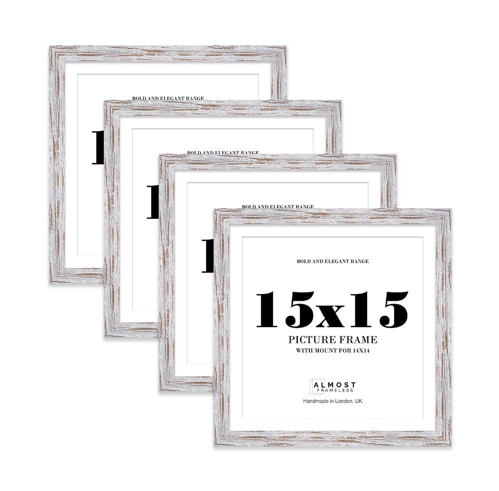 15x15" Distressed Wood Square Frame With Mount for 14x14" Pictures 28mm Edge Frame Display with Wall Hooks, 4 Pack
