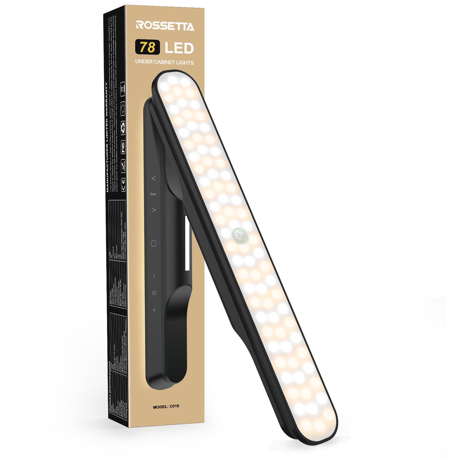 Rossetta Under Cabinet Lights, 78 LED Lights Battery Operated Motion Sensor Light Indoor, Wireless Rechargeable Dimmable Closet Lights Under Cabinet Lighting for Kitchen Closet Stairs Hallway